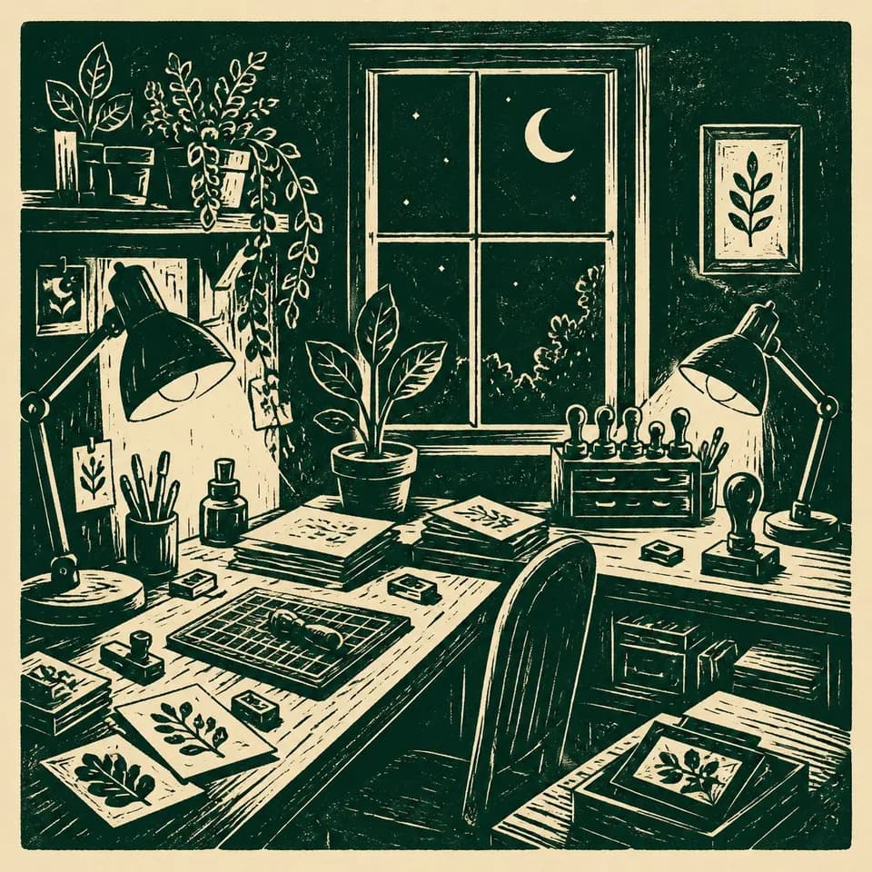 Linocut print: the studio workshop at night