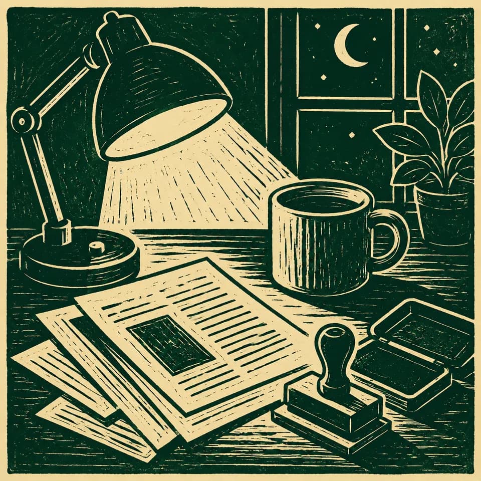 Linocut print: a desk with a lamp and rubber stamps